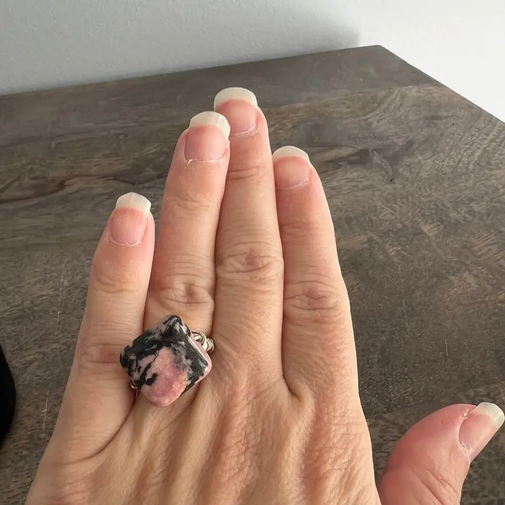 Handmade funky pink and black stone rhodonite and wire ring - size 6